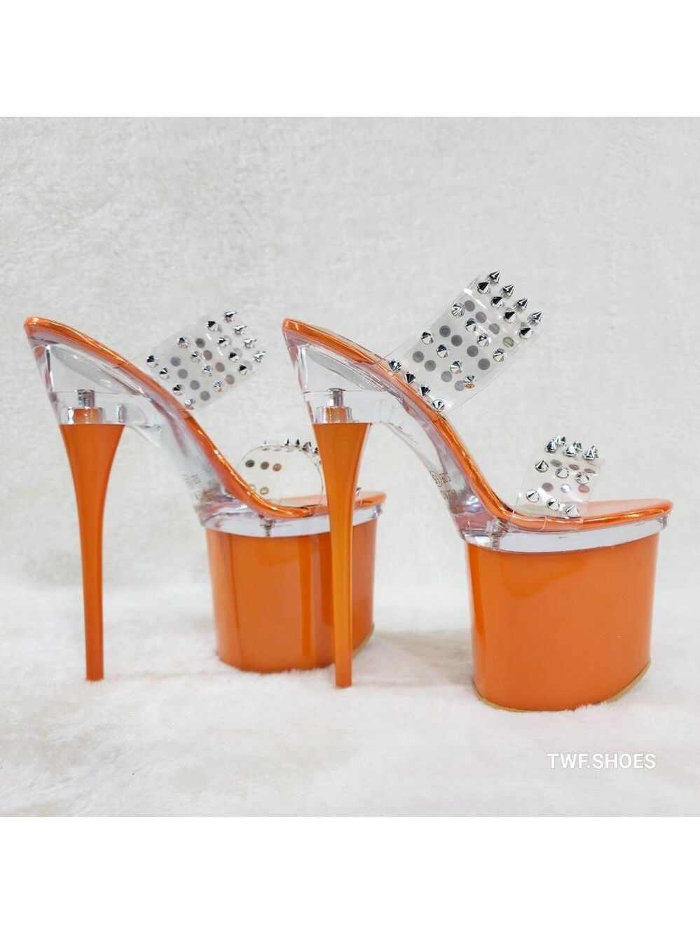 Sleek Slim 8" Towering Platform Heels Orange Double Clear Spiked Straps …